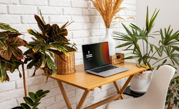 Professional minimalist office desk with laptop and plants representing remote assistant services 